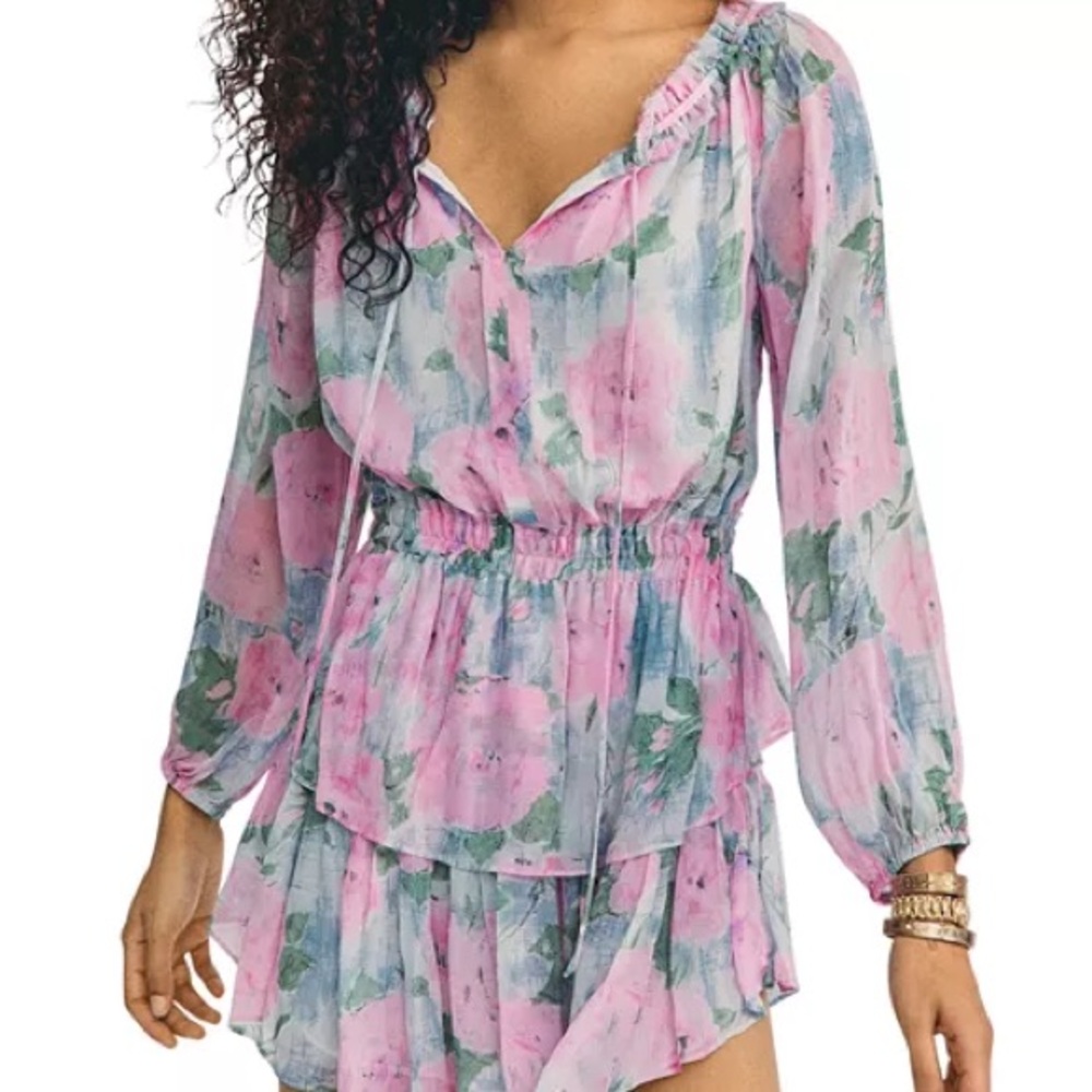 LoveShackFancy Floral Pink and Green Sheer mini dress
